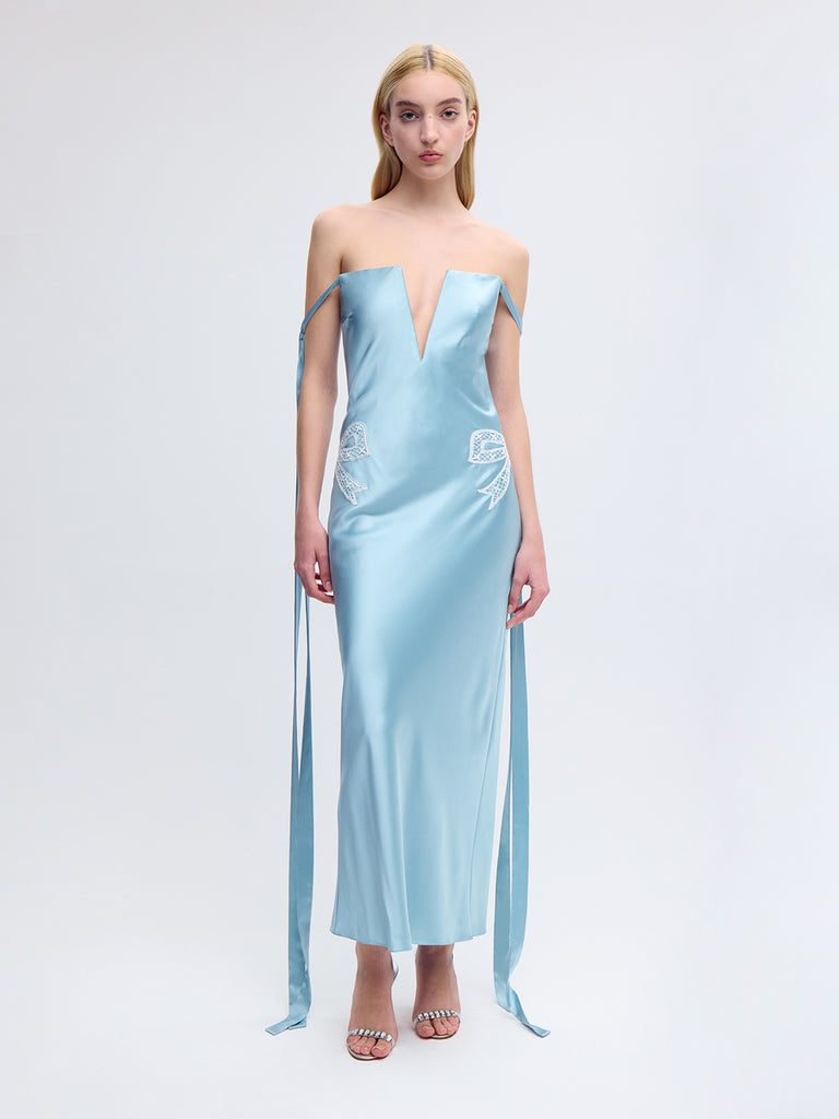 Strapless Bustier Dress with Ties in Blue Alejandra Alonso Rojas Strapless Bustier Dress with Ties in Blue Alejandra Alonso Rojas