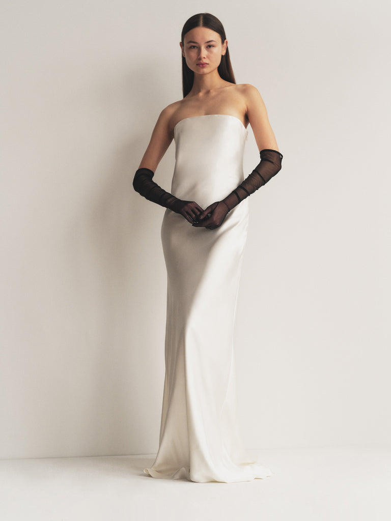 Bustier Gown in Ecru with Black Bows