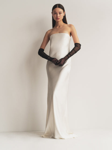 Bustier Gown in Ecru with Black Bows