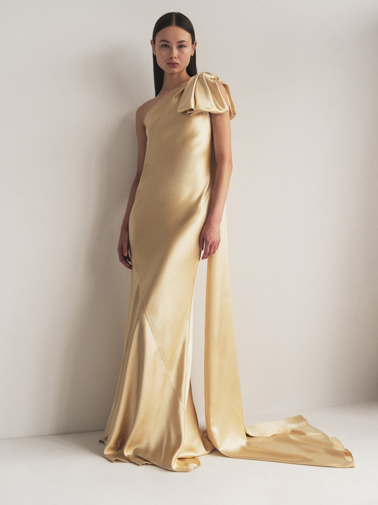 one shoulder champagne dress Taniesha One-Shoulder Gathered Maxi Satin Shell Ballbella One Shoulder Champagne Prom