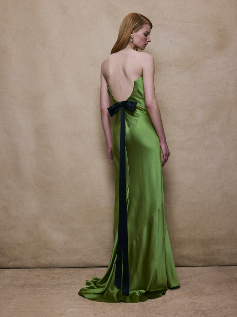 Open Back Bow Gown in Olive Green Alejandra Alonso Rojas Open Back Bow Gown in Olive Green Alejandra Alonso Rojas