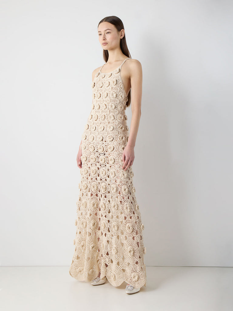 Flower Stitch Crochet Open-Back Dress in Ecru