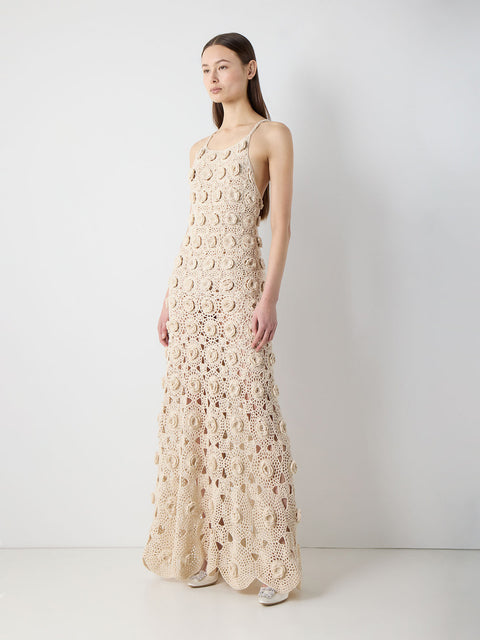 Flower Stitch Crochet Open-Back Dress in Ecru