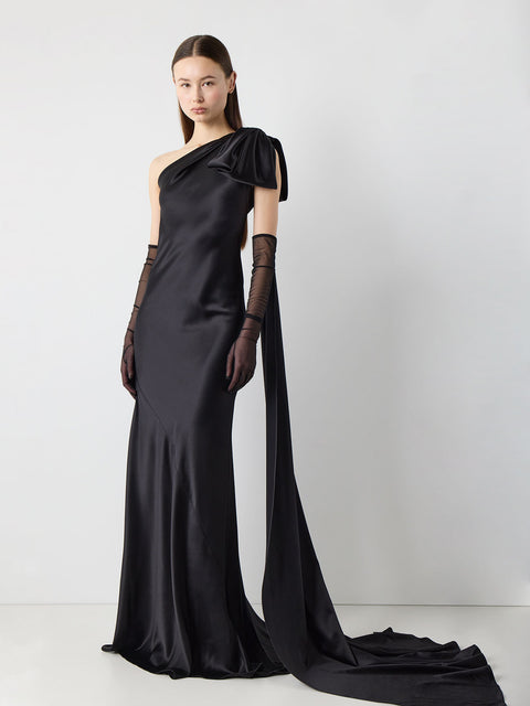 One Shoulder Bow Gown with Train in Black