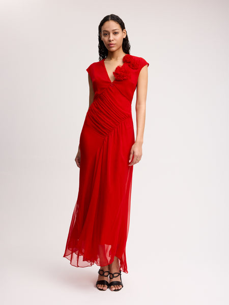 【可愛いストライプ♪】 BOTTEGA VENETA RED SILK DRESS Bottega Veneta Shiny Viscose Fringe Knit Dress in Scarlet | FWRD