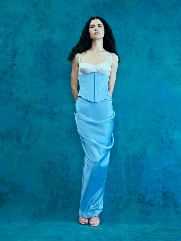 blue bustier dress Corset Off-Shoulder Formal Evening Gown The Outlet drawing eyes before they drift downward Light Blue Corset Lace Tiered