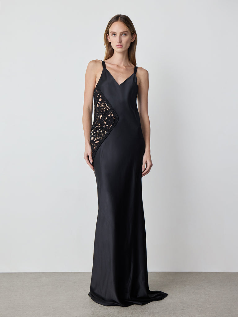 crochet slip dress Silk Satin Slip Dress with Crochet Detail