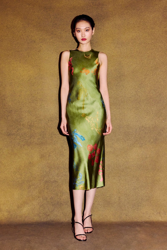 Bias Column Midi Dress in Green Print - Alejandra Alonso Rojas Bias Column Midi Dress in Green Print - Alejandra Alonso Rojas
