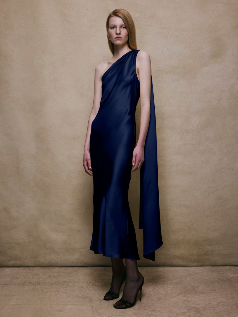Alejandra Alonso Rojas One Shoulder Shawl Dress in Navy 0 Alejandra Alonso Rojas One Shoulder Shawl Dress in Navy 0