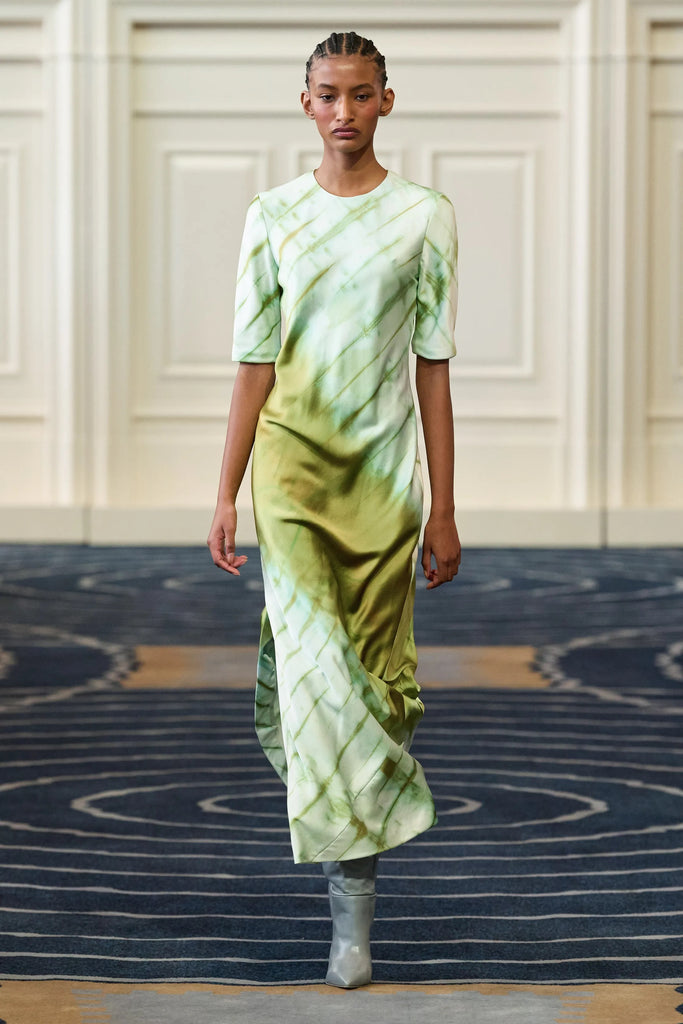 Alejandra Alonso Rojas Short Sleeved Silk Midi Dress in Green Shibori 12 Alejandra Alonso Rojas Short Sleeved Silk Midi Dress in Green Shibori 12