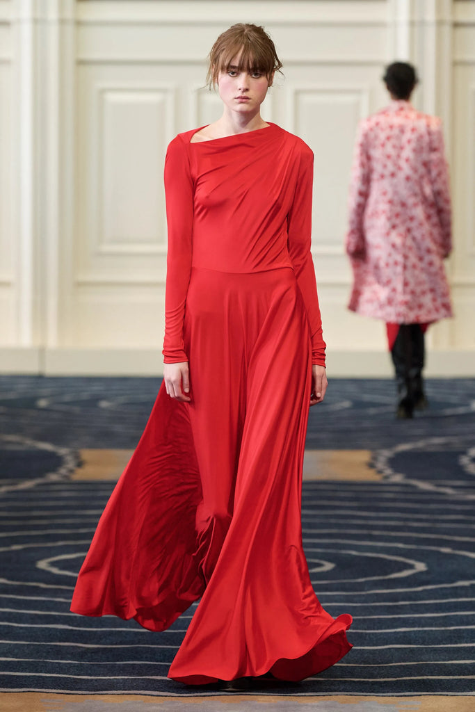 Draped Long Sleeved Jersey Gown in Red Draped Long Sleeved Jersey Gown in Red