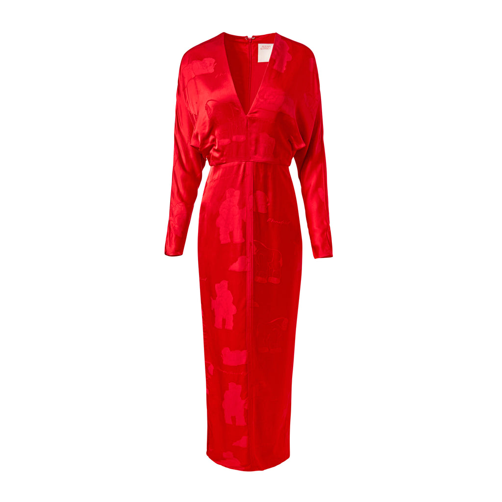 Alejandra Alonso Rojas Drape Sleeve Jacquard Dress in Red 2