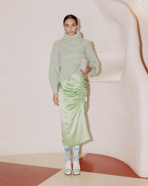 Ruched Silk Midi Skirt