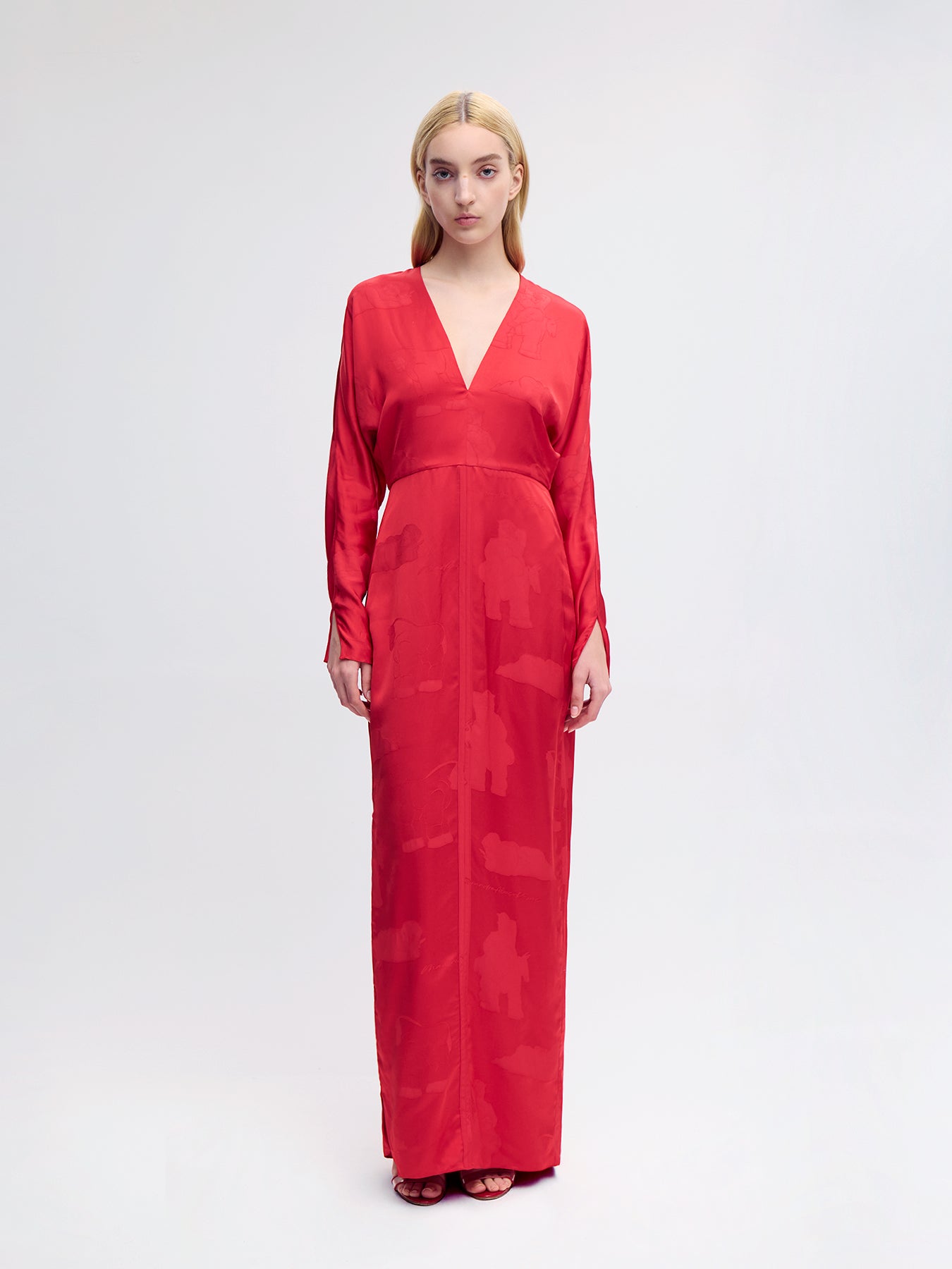 Alejandra Alonso Rojas Drape Sleeve Jacquard Dress in Red 2