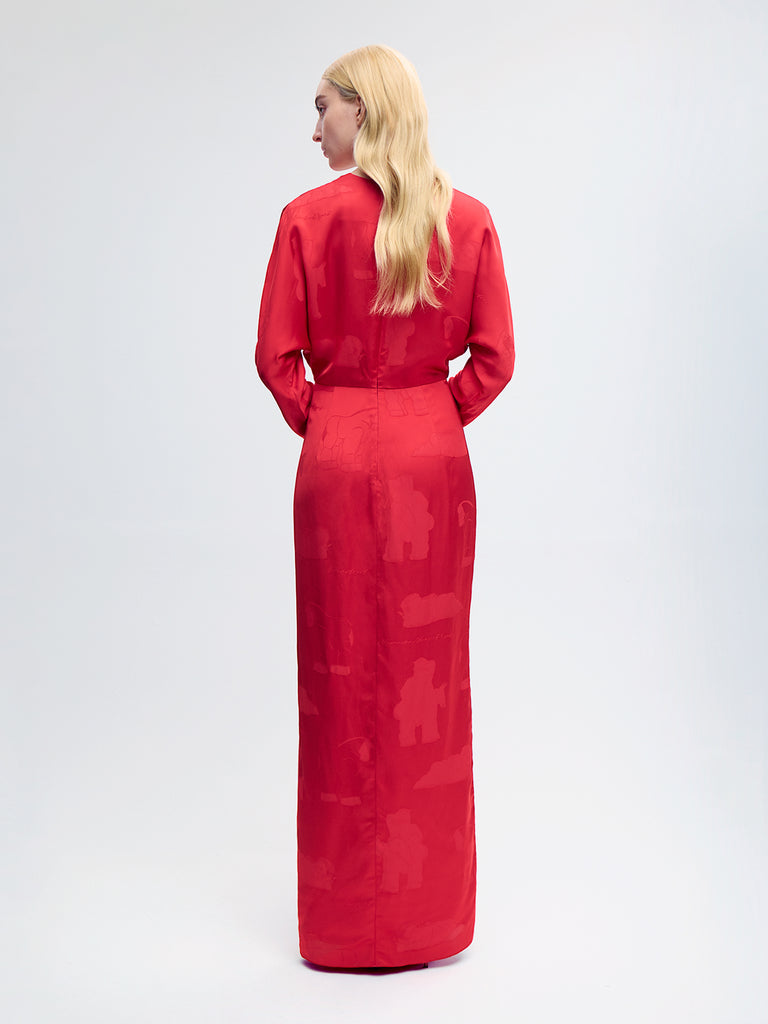 jacquard dress red Alejandra Alonso Rojas Drape-sleeve Gown