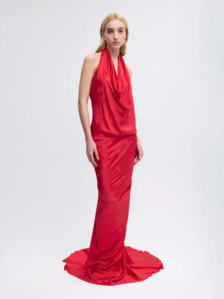 スカート S drape knot maxi skirt the red thread Draped Jacquard Maxi Skirt in Red – Alejandra Alonso Rojas