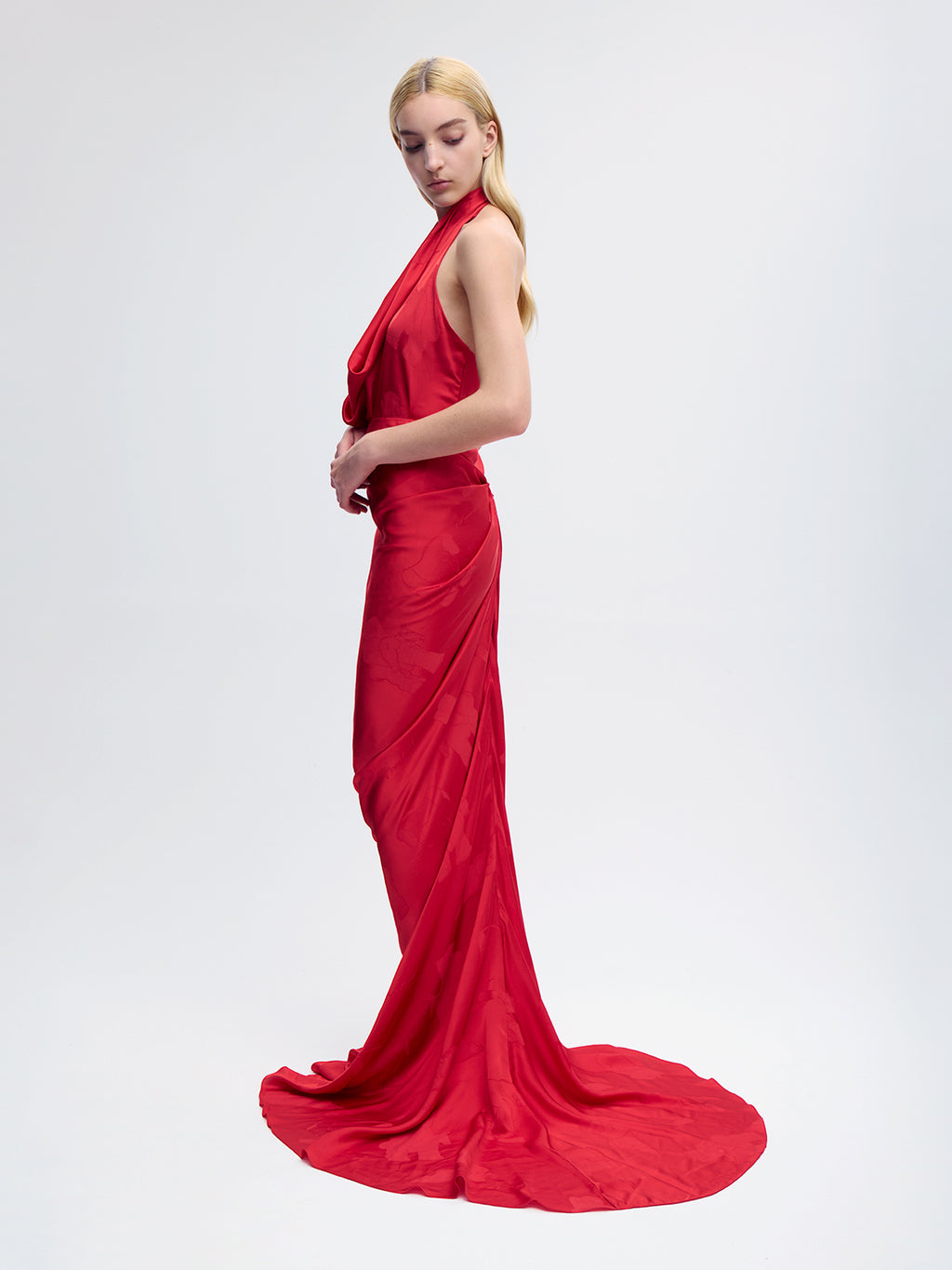 Draped Jacquard Maxi Skirt in Red