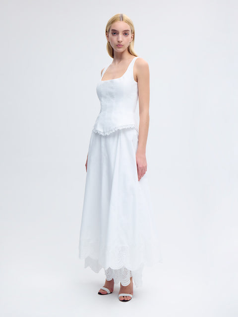 Flared Broderie Midi Skirt in White