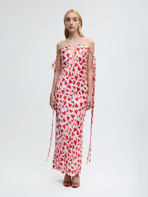 Strapless Bustier Dress with Ties in Red Leaf Print