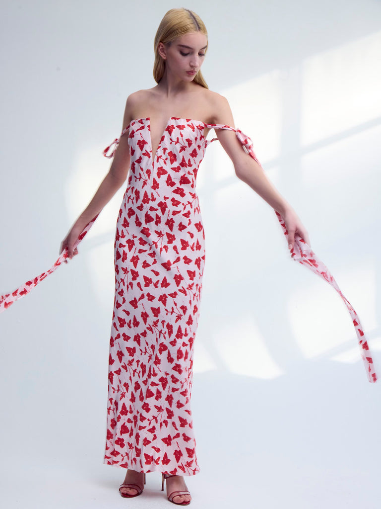 red leaf dress Red Monstera Leaf Ruffle Hawaiian Dress | 3/4 Sleeve Evening Island Style from Princess Kaiulani Fashions