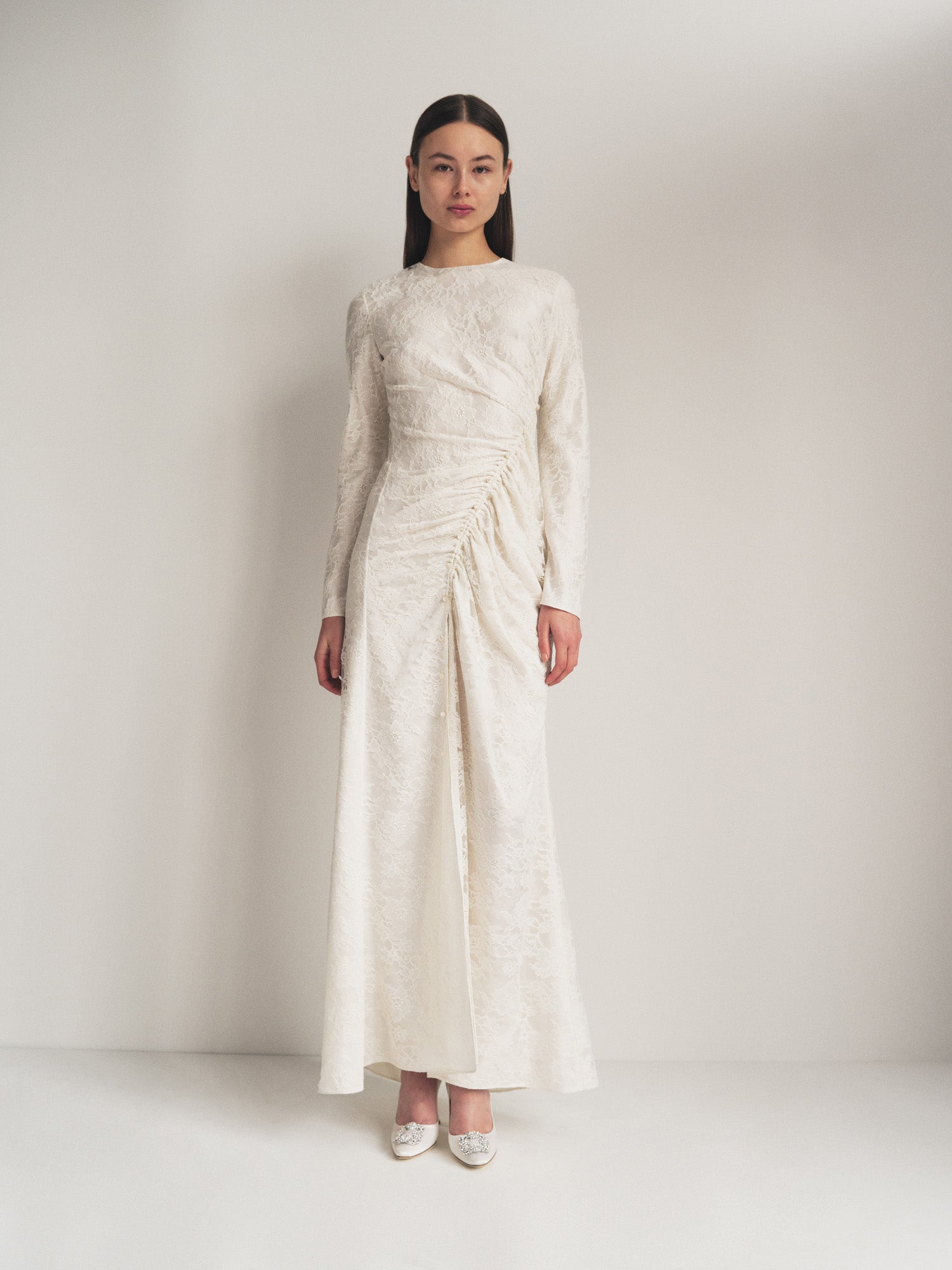 Lace Long Sleeve Draped Gown with Buttons – Alejandra Alonso Rojas