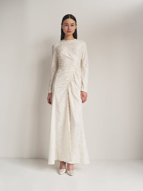 Lace Long Sleeve Draped Gown with Buttons
