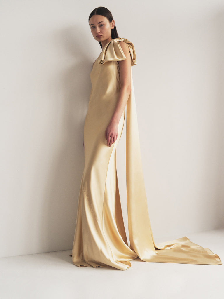One Shoulder Bow Gown with Train in Dark Champagne One Shoulder Bow Gown with Train in Dark Champagne