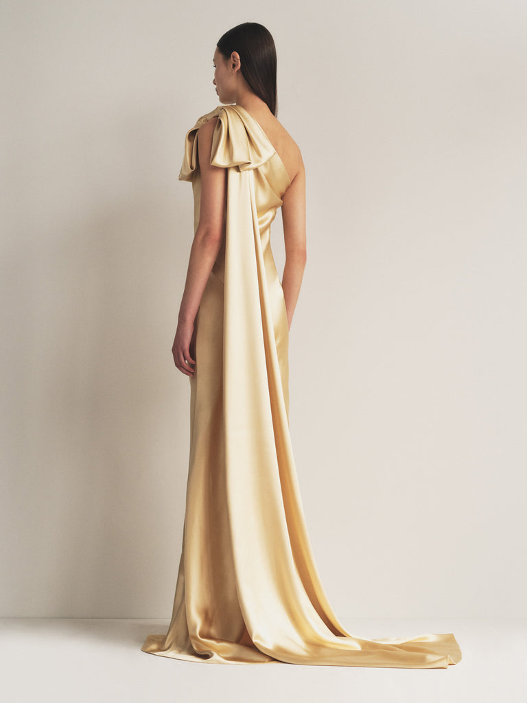 One Shoulder Bow Gown with Train in Dark Champagne 0
