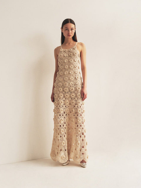 Flower Stitch Crochet Open-Back Dress in Ecru