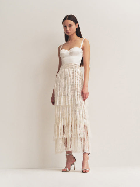 Bustier Dress with Crochet Fringe in Ecru