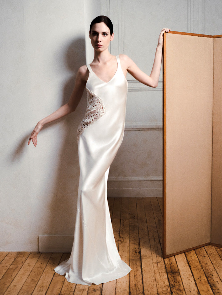 SILK SATIN SLIP DRESS WITH CROCHET INSERT Alejandra Alonso Rojas SILK SATIN SLIP DRESS WITH CROCHET INSERT Alejandra Alonso Rojas