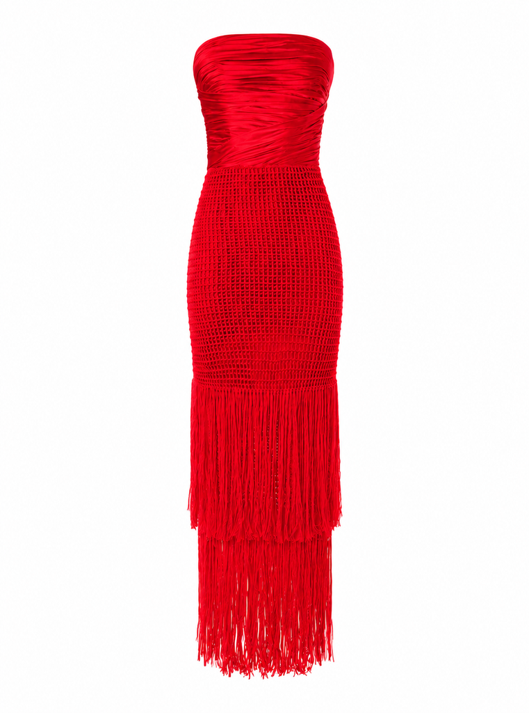 Draped Bustier Dress with Crochet Fringe – Alejandra Alonso Rojas
