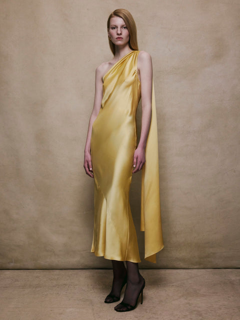 One Shoulder Cape Dress in Light Gold