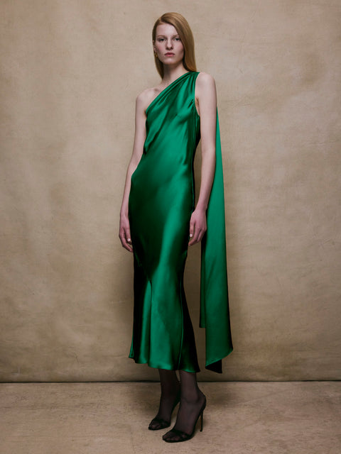 One Shoulder Shawl Dress in Kelly Green