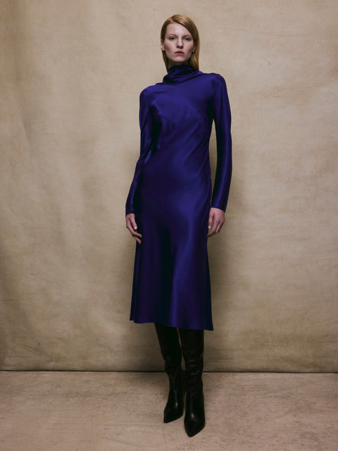 Cowl Back Midi Dress in Indigo