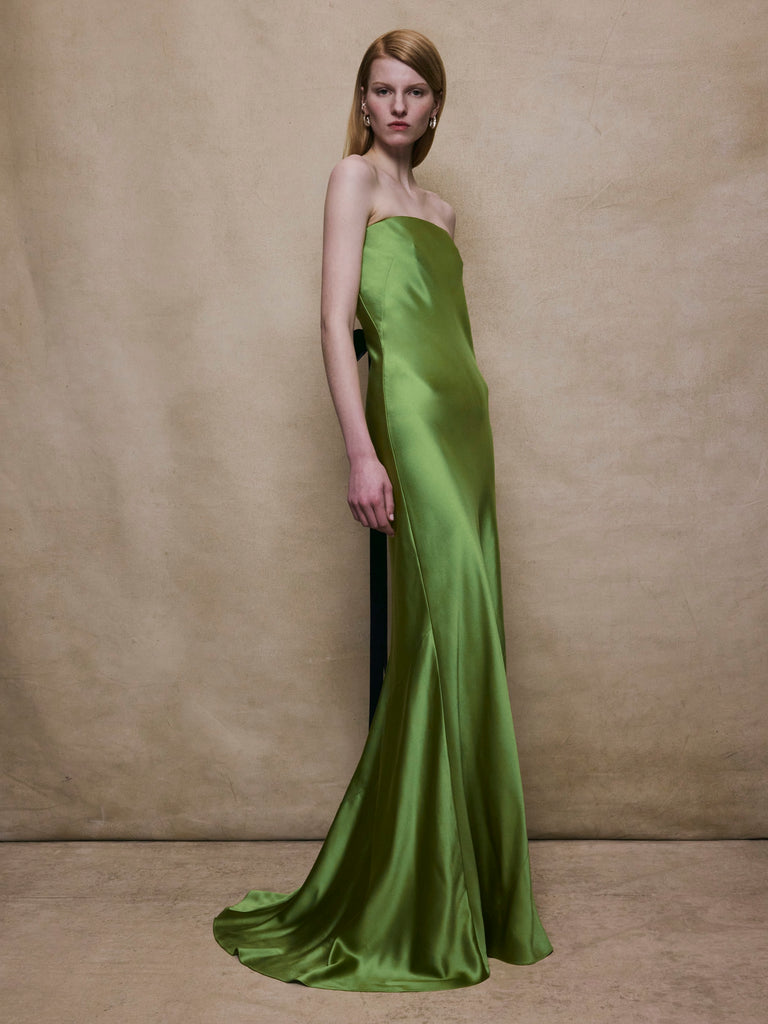 Open Back Bow Gown in Olive Green Alejandra Alonso Rojas Open Back Bow Gown in Olive Green Alejandra Alonso Rojas