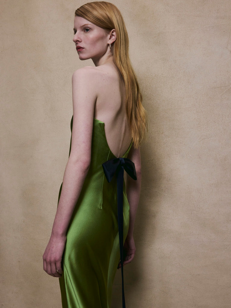 Open Back Bow Gown in Olive Green Alejandra Alonso Rojas Open Back Bow Gown in Olive Green Alejandra Alonso Rojas