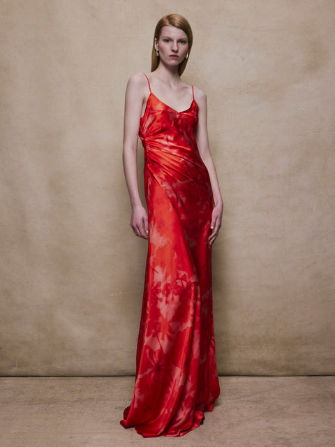 Ruched Slip Gown in Red Print