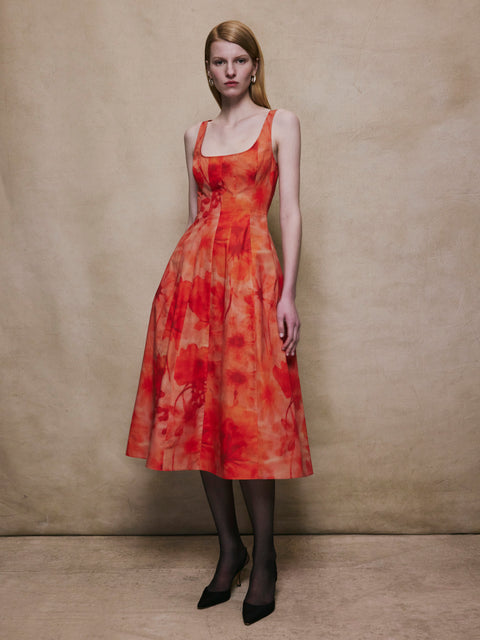 Seamed Corset Cotton Dress in Red Print