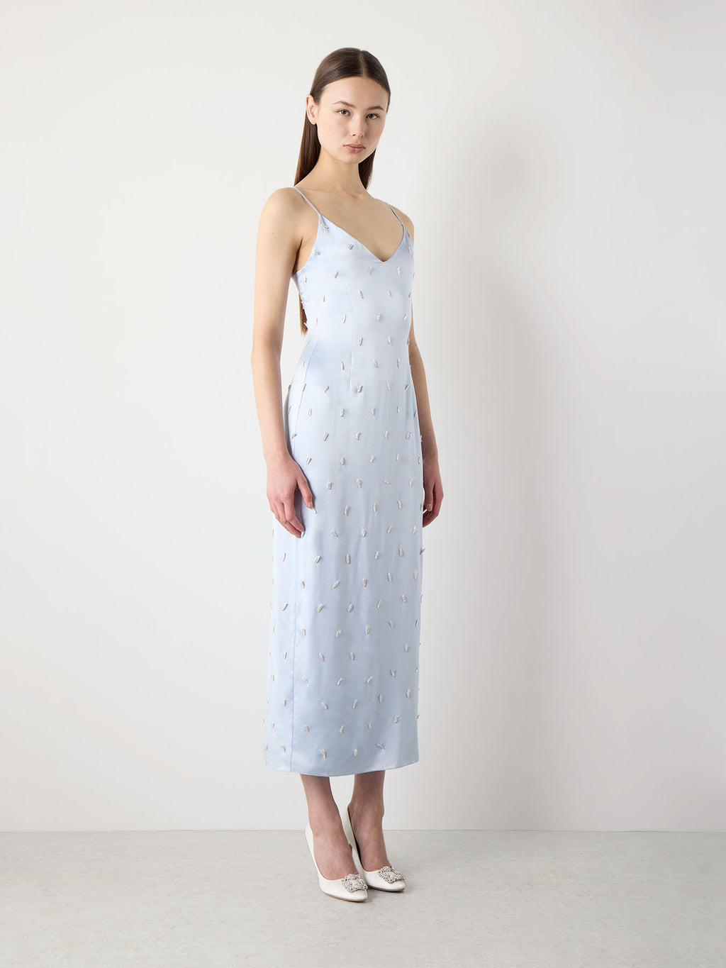 Blue Fitted Silk Slip Dress with Pearls