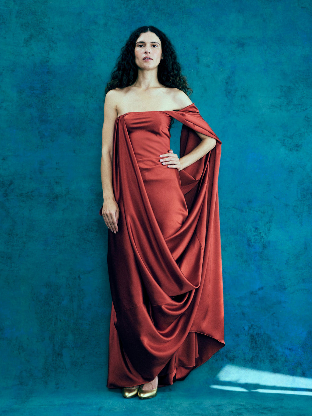 Draped Overlay Gown in Rust