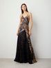 Low Back Silk Gown with Godets in Black Tree Print