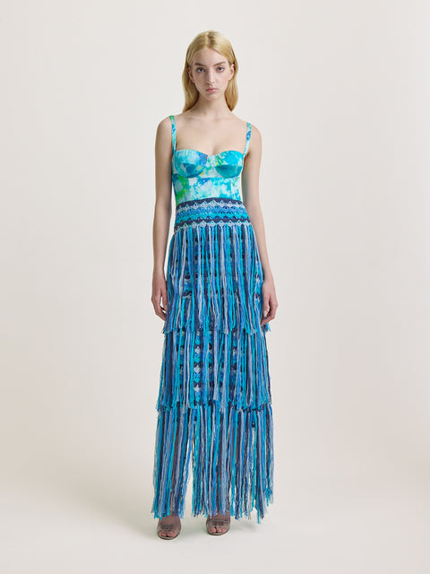 Bustier Dress with Crochet Fringe in Blue Ice Dye Print