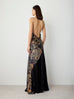 Low Back Silk Gown with Godets in Black Tree Print