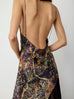 Low Back Silk Gown with Godets in Black Tree Print