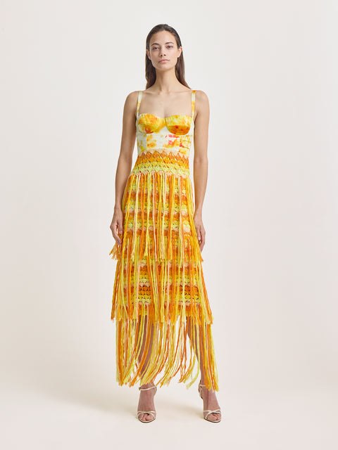Bustier Dress with Crochet Fringe in Yellow Ice Dye Print