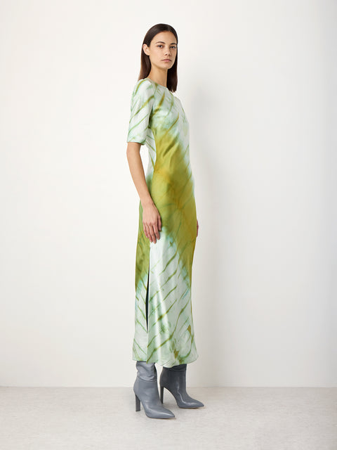 Short Sleeved Silk Midi Dress in Green Shibori