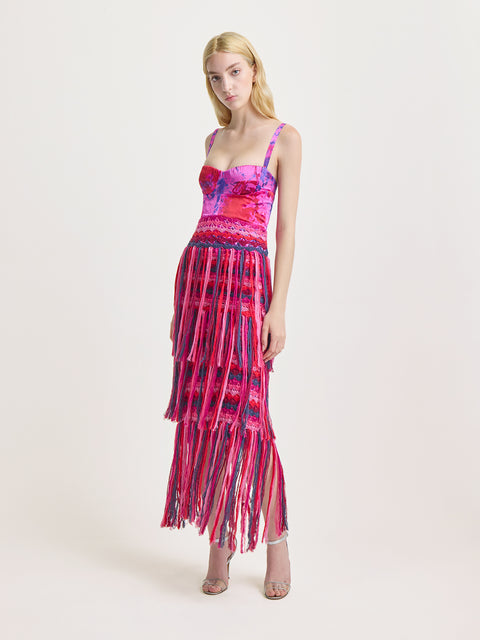 Bustier Dress with Crochet Fringe in Fuchsia Ice Dye Print