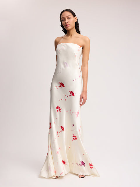 Strapless Silk Maxi Gown in Red Carnation Print