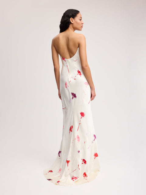 Strapless Silk Maxi Gown in Red Flower Print